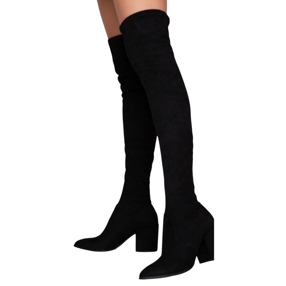 Steve Madden Tava Black Over The Knee Block Heel Boots Pointed Toe 9.5M
